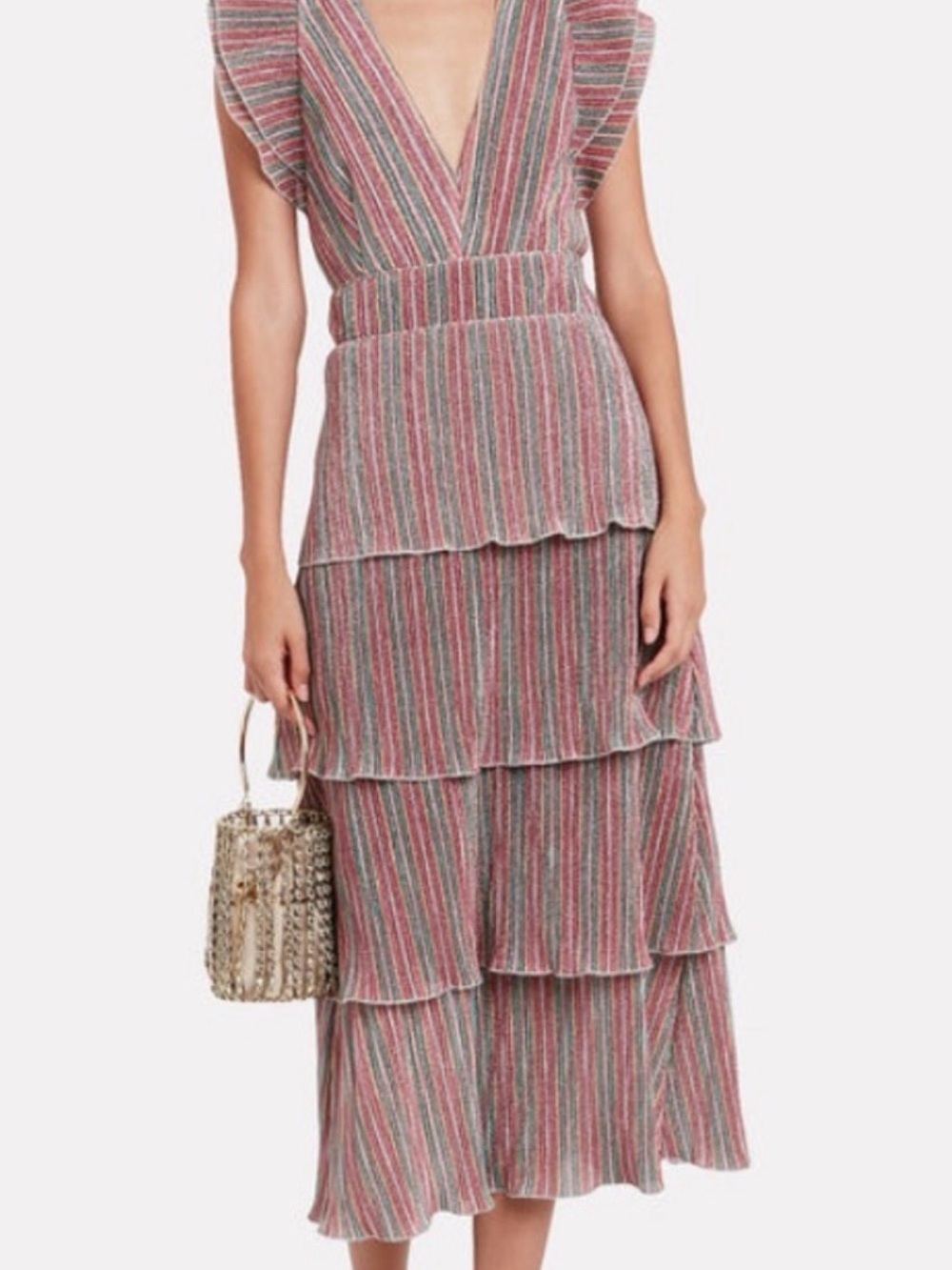 New Saylor Cocktail Dress Tiered V-Neck Midi Dress in Pink gold turquoise medium